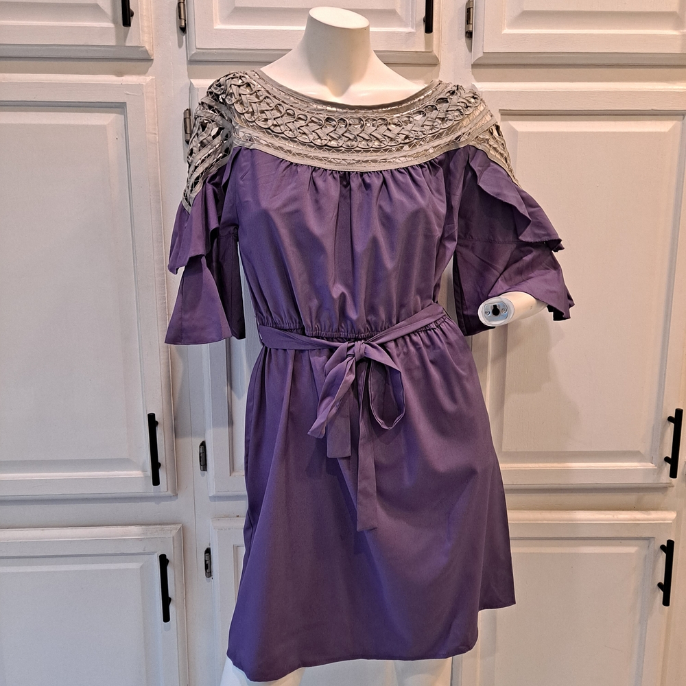Dejavu Purple Gray Dress W/Unique Crochet Neckline & Layered Ruffled Sleeves